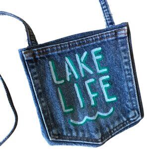 Handmade Crossbody Denim Bag: Painted Lake Life Cell Phone Jean Pocket Purse